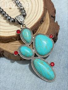 高品质女士复古波西米亚风西部绿松石吊坠仿珍珠项链，2026新款，百搭风格，适合日常佩戴或聚会场合，2026新款设计，是重要节日馈赠亲友或自用的完美之选，佩戴后定能收获赞美，立即添加到您的珠宝收藏中吧！如果您对产品满意，请留下五星好评并分享您的美照。 - 多色仙人掌 - 查看 15