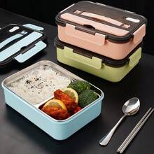 1 Pcs 304 Stainless Steel Lunch Box With Lid, Complimentary Spoons And Chopsticks, Student Cafeteria Dormitory Specific Lunch Box, Double-Layer Heated Lunch Box That Can Be Filled With Water, Perfect Holiday Gift - Màu xanh lam - Xem 4