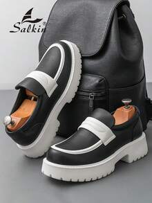 Abfuber New Designer Men's Slip-On Loafers, Soft Leather Upper, Thick Sole, Vintage British Style, Elevator Shoes. Affordable Luxury For Modern Living. Suitable For Back To School, College Students, Graduation Ceremony, Soft & Comfortable Round Toe Formal Dress Shoes, Gentlemen Business Office Commute, Daily Casual, Dating, Party, Wedding, Groomsmen. Recommend Ordering One Size Up. - Black and White - View 8