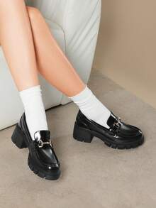 Women Chunky Loafers Round Toe Casual Horse-Bit Mid-Heel Slip-On Loafers, Vintage Elegant British Style, Comfortable Platform Chunky Versatile Pumps Shoes - 黑色 - 查看 2