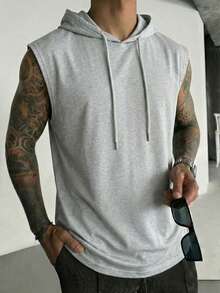 GRDR 1 pieza Chaleco con capucha sin mangas de unicolor para hombre, moda deportiva casual de verano - Gris Claro - Ver 3
