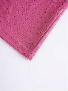 Embroidered Square Neck T-Shirt, Casual Short Sleeve Front Pleat Top, Women Apparel For Spring/Summer - Hot Pink - View 7