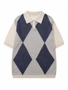 Áo thun nam tay ngắn cổ polo dáng rộng, họa tiết hình thoi cổ điển, chất liệu dệt kim nhẹ, màu xám nhạt, thích hợp cho mùa xuân/hè. - Màu Xám nhạt - Xem 1