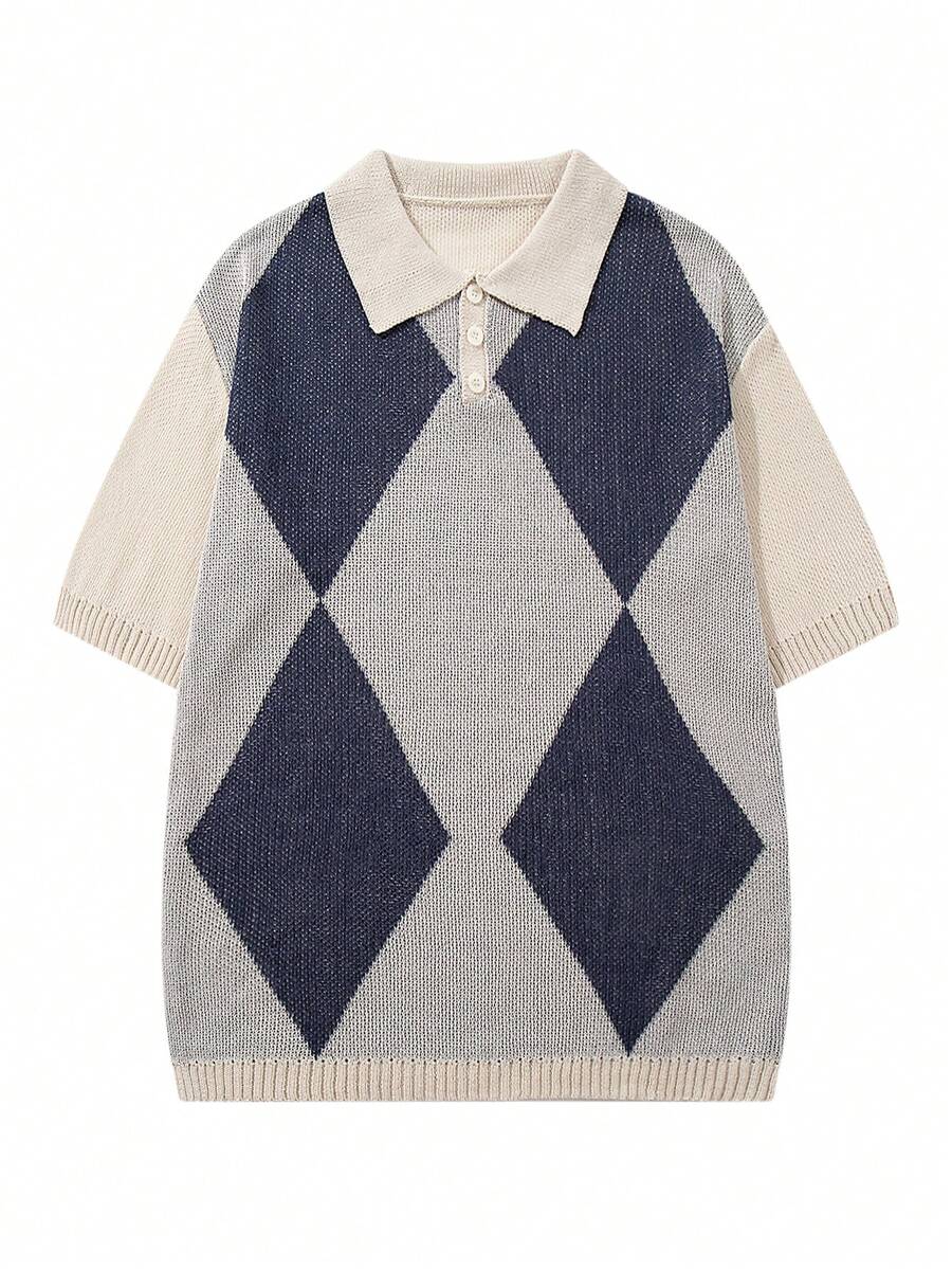 Áo thun nam tay ngắn cổ polo dáng rộng, họa tiết hình thoi cổ điển, chất liệu dệt kim nhẹ, màu xám nhạt, thích hợp cho mùa xuân/hè. - Màu Xám nhạt - Xem 1