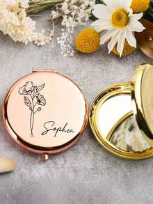 1个个性化刻字不锈钢便携镜，饰有生日花图案 - 可定制姓名，适合女性、伴娘、求婚、婚礼、生日、圣诞节等场合，优雅便携，可定制姓名 | 精致便携镜 | 刻字配饰 - 彩色 - 查看 10
