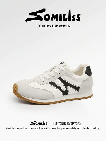 somiliss 女士宽头运动休闲鞋，经典复古风格，舒适柔软鞋底带足弓支撑，适合通勤和日常穿着，春季款，黑白配色