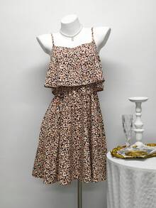 Happy Girl Casual Elegant Woven Fabric Double Layer Design Comfortable Vacation Style Women Dress, Spring/Summer - Brown - View 2