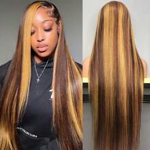 ZHUICHAO Highlight 30 Inch Ombre Honey Gold Straight Human Blended Hair Wigs Pre Bleached Knots 13x4 Large Area Invisible Lace Front Wigs With Bady Hair For Women 180% Density Can Be Free Styling Pre Plucked Synthetic Lace Wig - SP4/27 - View 6