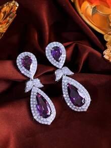 1 Pair Luxurious Purple Water Drop Cubic Zirconia Long Leaf Dangle Earrings, Silver Plated CZ Women Elegant Jewelry For Brides, Bridesmaids, Engagement, Banquet, Party, Prom, Valentine's Gift - Purple - View 6