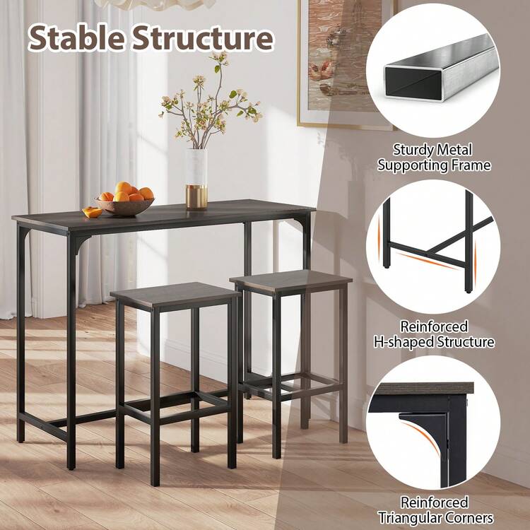 COSTWAY Bar Table And Chairs Set, 47.5" Rectangular Pub Table With 2 Stools, Counter Height Table Set With Metal Frame & Footrest, Breakfast Table Set For Small Space, Grey/Black/Brown - Grey - View 4