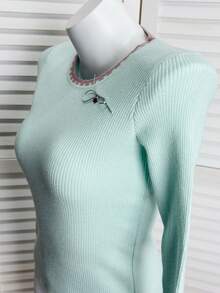 Spring/Summer New Contrast Color Round Neck Ribbed Knit Sweater Women, Long Sleeve Asymmetrical Hem Fitted Commuter Top - Baby Blue - View 9