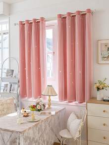 2 Paneele Sternausschnitt Verdunkelungsvorhänge, einfarbige Vorhänge mit Spitze Schirm Schichten, geeignet für Schlafzimmer, Wohnzimmer, Mädchenzimmer - Pink - Übersicht 12