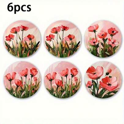 6/48pcs (With/Without Holder) Thanksgiving/Mother's Day Wooden Flower Cup Holder & Coaster, Suitable For Patio, Kitchen, Living Room, Family Gathering Tabletop Decor, Gift For Friends & Family, Suitable For Valentine's Day, Wedding, Birthday, Party Home Decor Accessories