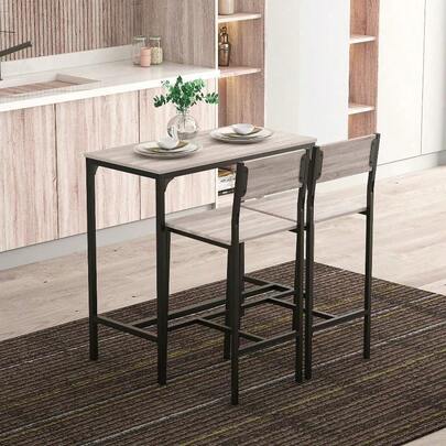 3 Pcs Table Stool Set Industrial Design W/ Metal Frame Oak Tone MDF Panels Minimal Compact Beautiful