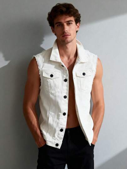 Men's Classic Sleeveless Slim Fit Button Down White Denim Jacket