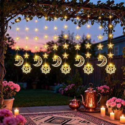 1pc Star And Moon Hanging Decorative Lights, Ramadan Star Holding Moon String Lights, 80LED Curtain USB Light String, Fairy Astronomical Decorative Lights, 8 Flashing Modes, New Year's, Eid Al Fitr Lighting, Valentine's Day Gift, String Lights