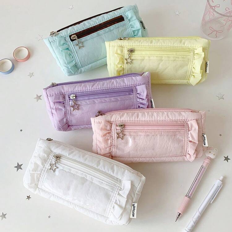 1pc Fashion Japanese Solid Color Star Pencil Case Student School Stationery School Desktop Large Capacity Storage Pen Bag Cute Girl Makeup Bag Gifts - A - View 3