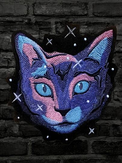 1pc Galaxy Cat/Cosmic Cat/Space Cat Embroidered Patch, Dreamy Cat Design With Fantastical Stars, Sew Or Iron-On, Suitable For DIY Clothing, Hats, Shoes, Bags, A Whimsical DIY Gift And Craft For Cat Lovers And Sci-Fi Fans