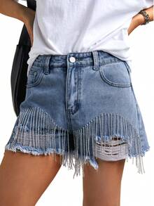 Summer Womens Rhinestones Fringe Shorts Baggy Jorts Mid-Low Rise Ripped Denim Diamond Trim Hot Short - 藍色 - 查看 1