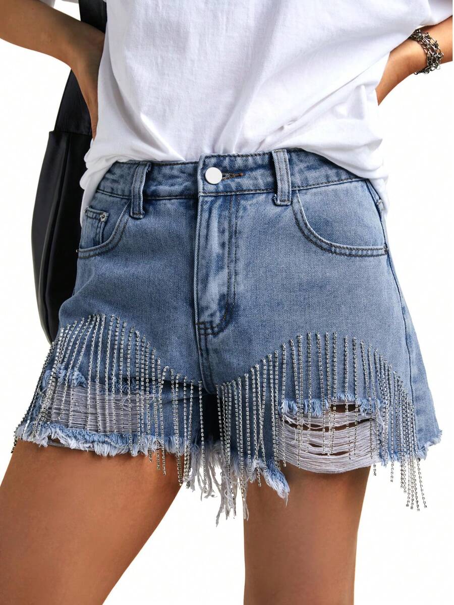 Summer Womens Rhinestones Fringe Shorts Baggy Jorts Mid-Low Rise Ripped Denim Diamond Trim Hot Short - 藍色 - 查看 1