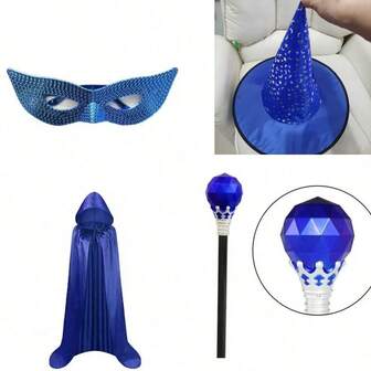 4 piezas Sombrero de bruja con estrellas y luna azul, sombrero de bruja con estrellas y magia, sombrero de bruja puntiagudo, tocado de sombrero de bruja, máscara azul, varita azul, capa azul