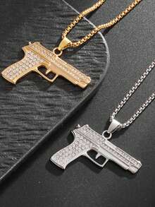 1件新款时尚经典闪亮冷峻仿沙漠之鹰手枪项链摇滚朋克酷炫街头派对吊坠饰品配饰礼品 - 金色 - 查看 2