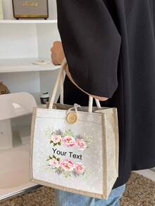 1pc Customizable Flower Decor Handbag, Beach Bag, Teacher Bag, Women's Bag, Bride Bag, Bridesmaid Bag, Customizable With Personalized Text And Letters, Suitable For Bridesmaid Gift, Wedding Gift, Teacher's Day Gift - Multicolor - View 5