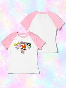 Whysmera SHEIN X Powerpuff Girls 女士撞色印花圆领上衣 - 为T恤增添活力和可爱气息，适合日常穿着 - 白色 - 查看 3