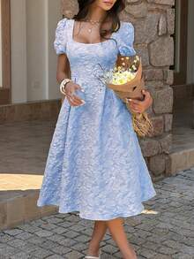 女士春夏优雅方领花瓣袖花卉纹理收腰喇叭下摆中长连衣裙，适合度假、婚礼、派对等场合。 - 藍色 - 查看 3