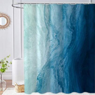 Gradient Blue Ocean Beach Themed Bathroom Shower Curtain, Refreshing And Fashionable Bathroom Decor For Summer
