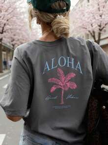 2026 Summer Shirts Women's New Palm Tree Slogan Print Casual Round Neck Short Sleeve T-Shirt, Fashionable Resort Style, Your Daily Essential Item. Gr - 深灰色 2 - 查看 6