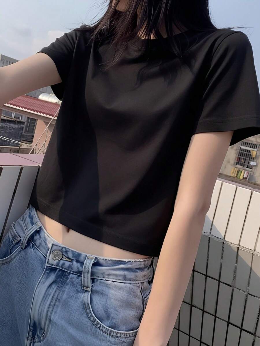 Short Sleeve T-Shirt, Solid Color, New Summer Style, Slim Fit, Versatile, Round Neck Top Casual Black - Black - View 1