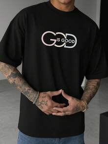 男士简约宗教标语印花短袖T恤，舒适透气，适合夏季穿着，引领时尚潮流 - 黑色 - 查看 5
