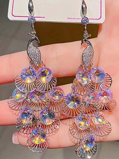 1 Pair Luxurious Colorful Peacock Faux Crystal Earrings, Women's Elegant Animal Design Eardrop Ideal For Birthdays, Valentine's Day, Weddings, Music Festivals And Other Banquet Parties.