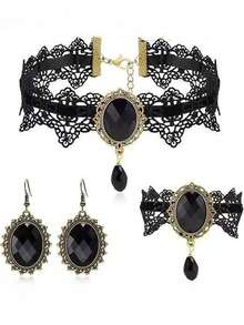 Bộ trang sức ren cổ điển bóng bẩy gồm dây chuyền, vòng cổ sát cổ, dây chuyền ngang xương quai xanh, vòng tay và bông tai dành cho nữ, phong cách Gothic. - màu đen - Xem 1