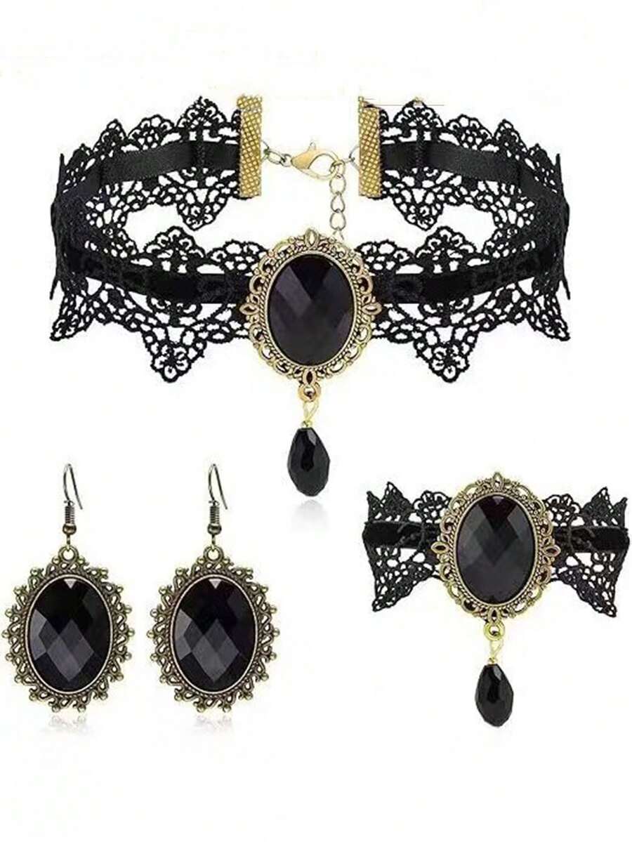 Bộ trang sức ren cổ điển bóng bẩy gồm dây chuyền, vòng cổ sát cổ, dây chuyền ngang xương quai xanh, vòng tay và bông tai dành cho nữ, phong cách Gothic. - màu đen - Xem 1