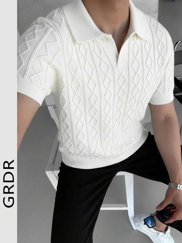  חולצת סריג לגברים בקיץ בצבע אחיד עם שרוולים קצרים של GRDR, מתאימה לארוחות עסקיות, צבע אחיד קלאסי