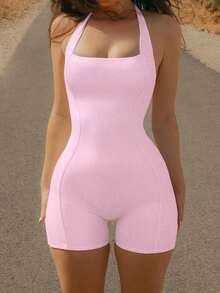 女士纯色露背修身连体衣，夏季 - 珊瑚粉 - 查看 5