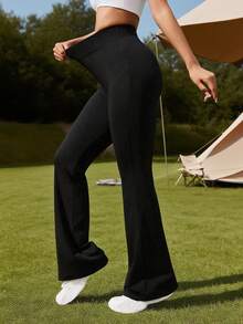 高腰弹力运动裤，健身房训练瑜伽裤，休闲裤，不透高腰运动裤 - 黑色 - 查看 4