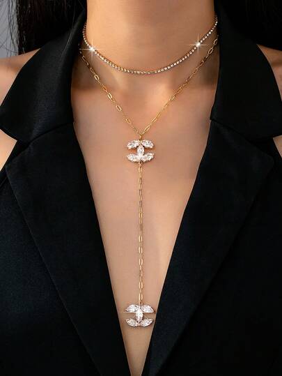 2 piezas Conjunto de collares con cadena en Y con decoración de cristal elegante para mujeres, collar con colgante de logo CC con circonita marquesa, conjunto de joyas de moda adecuado para uso diario y fiestas