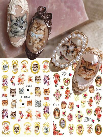 2 Stücke Vintage Katzen Malerei Blume Blatt Rebe Nagel Aufkleber mit goldener Linie, florale Rose selbstklebende Nagel Dekorationen, Frühling Sommer Nail Art Charms, Nagel Zubehör