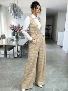 Women's Plaid Wide Leg Jumpsuit With Pearl Buttons And Pockets - Yellow - View 6