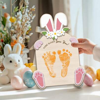 1pc Fashionable Rabbit Shaped Easter Footprint Wooden Hanging Plaque, Rabbit Ear Decor, Easter Decoration Commemorative Gift