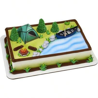 Decopac Fireside Camp Cake Decoration 3 Piece With Light Up Tent Food  Multicoloured Tent: 3"L X 2.6"W X 1.9"H; Canoe With Oar: 3.5"L X 1.65"W X 1.2"H; Campfire: 1.4"D X 1.2"H