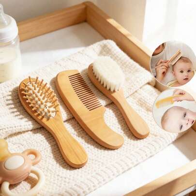 3pcs Baby & Toddler Hair Brush Set - Wooden Infant Comb, Massage Air Cushion Brush, Baby Brush & Comb Set - Soft Bristles, Suitable For Cradle Cap, Ne