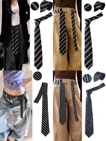 1pc Black Tie/Belt, JK Uniform Tie For Women, School Style Belt, Perfect Accessory For Sailor Uniform. Featuring A Slim Striped Design, Suitable For Casual Wear, Weekend Trips, Dates, Campus Travel, Street Photography, And More. A Fashionable And Versatile Accessory, Also An Ideal Choice For Christmas Decoration.