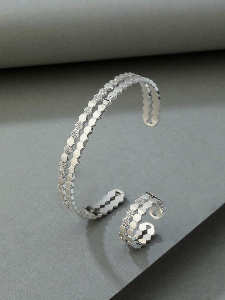 可调节铜镀蜂窝手链戒指套装，日常优雅与派对魅力兼具，是理想的礼物之选。 - 銀色 - 查看 4