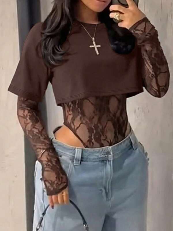 Blusa corta de mujer de encaje transparente de manga corta, body sexy de unicolor con parches de encaje transparente para uso diario, citas, fiestas de solteros, actuaciones en el escenario, primavera/verano