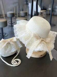 1 件装女童太阳帽，透气薄款夏季防晒帽，小女孩蝴蝶结沙滩帽，儿童太阳帽 - 蕾絲蝴蝶結草帽 - 查看 1