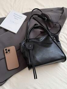 Fashionable Large Capacity Casual Minimalist Lightweight Versatile PU Leather Shoulder Crossbody Bag - Black - View 9